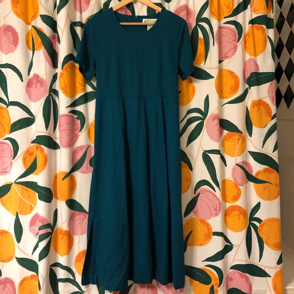 Orvis turquoise teal linen rayon blend maxi dress
